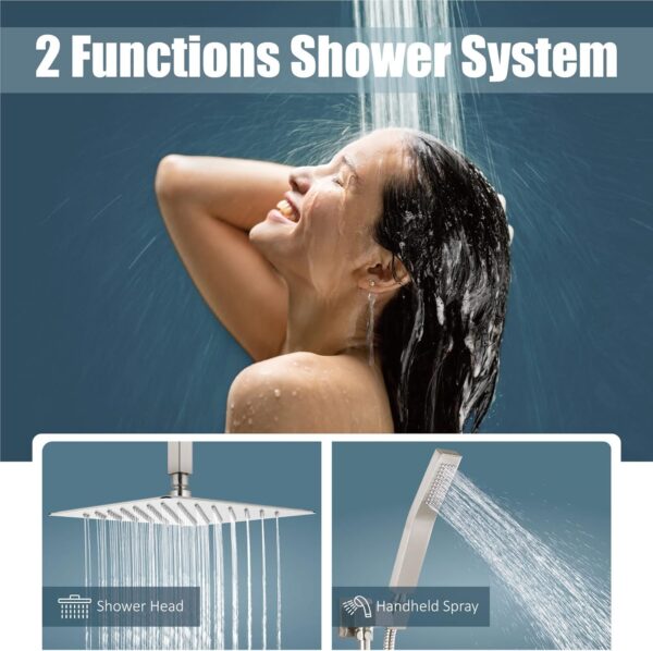 Aolemi Ceiling Mount Shower System Rain Shower Head with Handheld Spray High Pressure Shower Faucet Set Rough-in Valve Shower Trim Kit Included Bathroom Brushed Nickel 12 Inch Ceiling Shower Head
