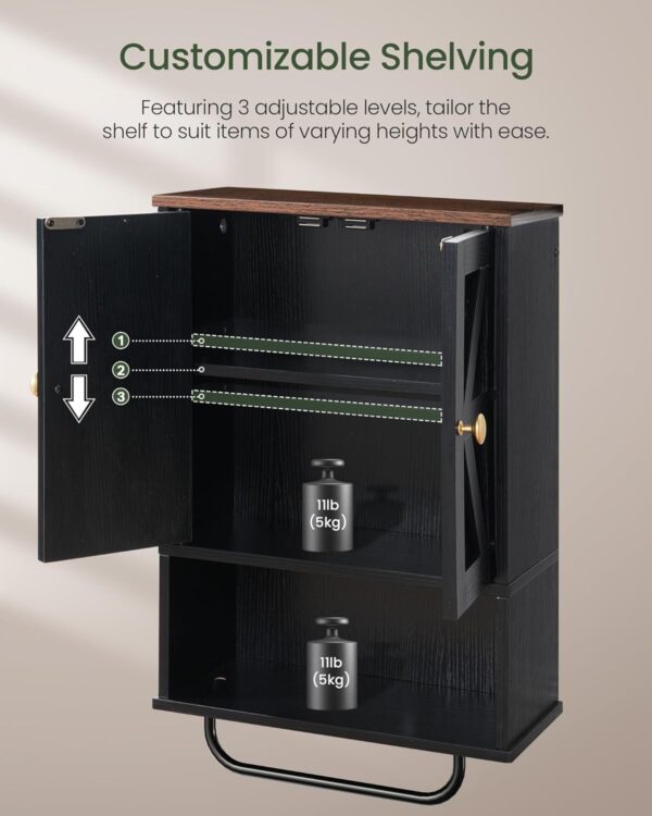Bathroom Wall Cabinet, Medicine Cabinet with Open Partition and Towel Bar, Rustic Storage Cabinet with Open and Hidden Storage Space, for Bathroom, Living Room, Kitchen, Black and Walnut