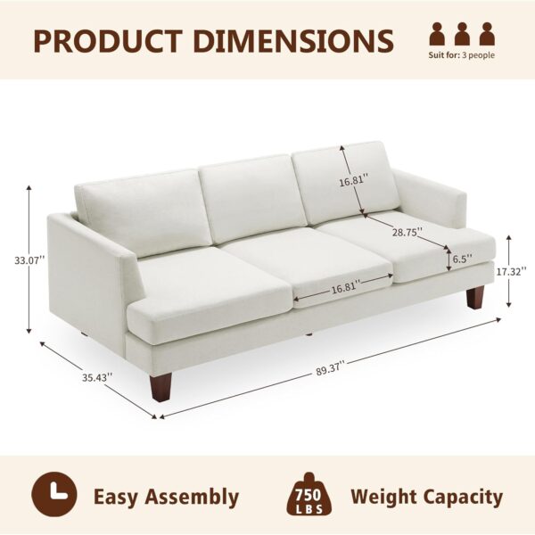 3 Seater Sofa Couch with Deep Seats, 89" Mid Century Modern Upholstered Sofa with Armrests, Comfy Couches for Living Room, Bedroom, Apartment and Office (Beige)