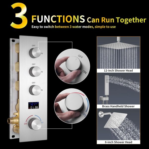 AYIVG Thermostat Shower System Brushed Nickel Rain Shower System With 12 Inch and 8 Inch Shower Head Temperature Display Bathroom Shower System Dual Rainfall Shower Head System