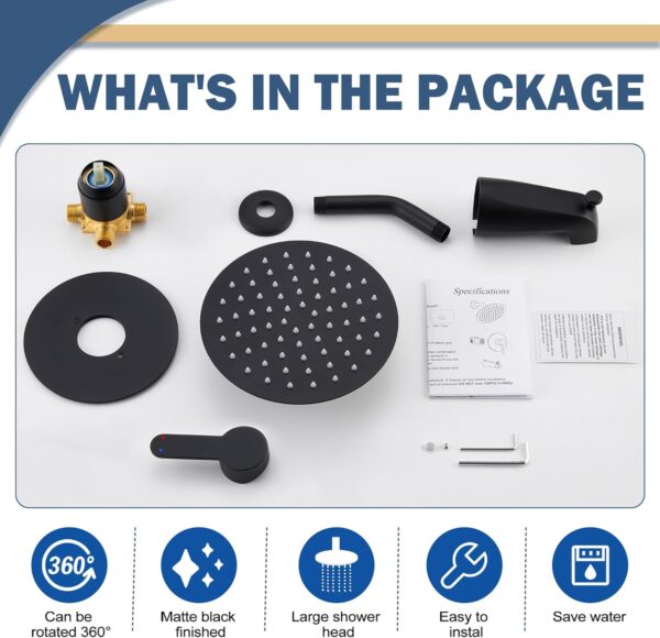 Tub Shower Faucet, Matte Black Shower Faucet Set with 8-Inch All-Metal Rainfall Showerhead and Bathtub Spout, Single-Handle Tub Shower-Trim Kit Included Valve, Matte Black