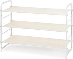 Simple Trending 3-Tier Stackable Shoe Rack, Expandable & Adjustable Fabric Shoe Shelf Storage Organizer, White