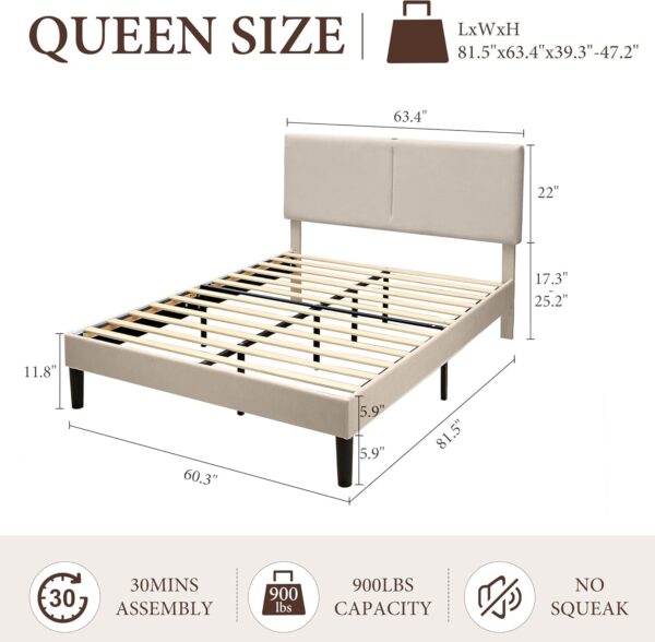 VECELO Queen Bed Frame with Type-C & USB Ports, Upholstered Platform Height-Adjustable Cotton and Linen Headboard, No Box Spring Needed, Noise-Free, Easy Assembly, Beige