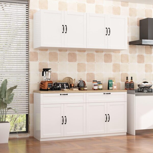 FAMAPY Wall-Mounted Kitchen Pantry Kitchen Storage Cabinet with Countertop, Pantry Cabinet with Drawers & Doors, Wall Cabinet for Kitchen White and Oak
