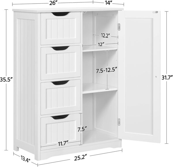 Yaheetech Large Bathroom Floor Cabinet with 4 Dawers and Single Door Cabinet, Freestanding Storage Cabinet Organizer for Bathroom Living Room Hallway, White, 26 x 14 x 35.5 in