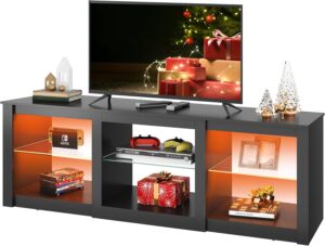 WLIVE LED TV Stand for 65-Inch TV, 58-Inch Entertainment Center with Adjustable Glass Shelves, Modern Media Console for Living Room & Bedroom, Black