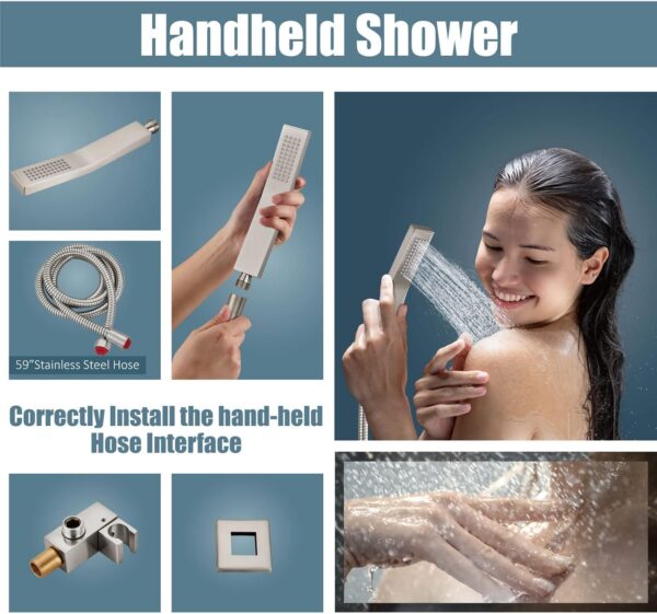 Aolemi Ceiling Mount Shower System Rain Shower Head with Handheld Spray High Pressure Shower Faucet Set Rough-in Valve Shower Trim Kit Included Bathroom Brushed Nickel 12 Inch Ceiling Shower Head