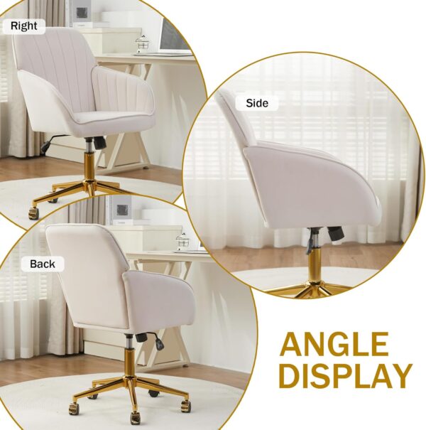Velvet Home Office Chairs with Gold Base Upholstered Tufted Modern Height Adjustable 360 Degree Swivel Desk Chairs with Wheels, Vanity Chairs for Living Room, Bedroom,Study Room (Cream)