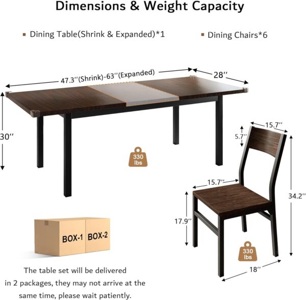 iPormis 7 Pieces Dining Table & Chairs Set for 4-6, 63" Extendable Kitchen Table and 6 Chairs, Dining Room Table with MDF Board & Metal Frame, Perfect for Small Space, Easy Clean, Espresso