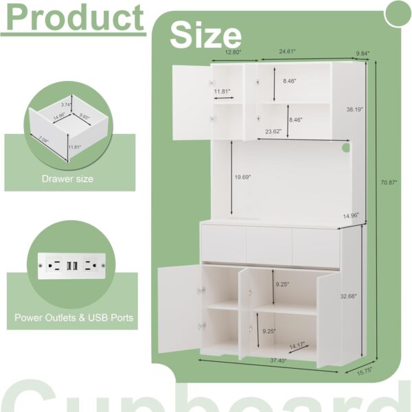 White Kitchen Pantry Cabinet with Power Outlets, LED Lights and 3 Drawers, Tall Cabinet with Adjustable Shelves and Countertop