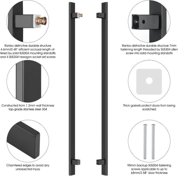 Ranbo 48 Inch Commercial Grade-304 Stainless Steel Modern Contemporary Entry Door Handle Bar Ladder Pull Shower Glass Sliding Barn Door Interior Exterior Door Pull Push, Matte Black