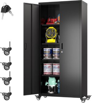 73" Tall Garage Storage Cabinets with Wheels, Metal Storage Cabinets with Locking Doors and 4 Adjustable Shelves for Garage Home, Assembly Required, Black