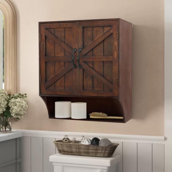 FLORA Farmhouse Wall Mounted Storage Cabinet, Medicine Cabinet with Doors, Wood Vintage Bathroom Wall Cabinet Over Toilet for Bathroom, Kitchen, Living Room, Rustic Brown