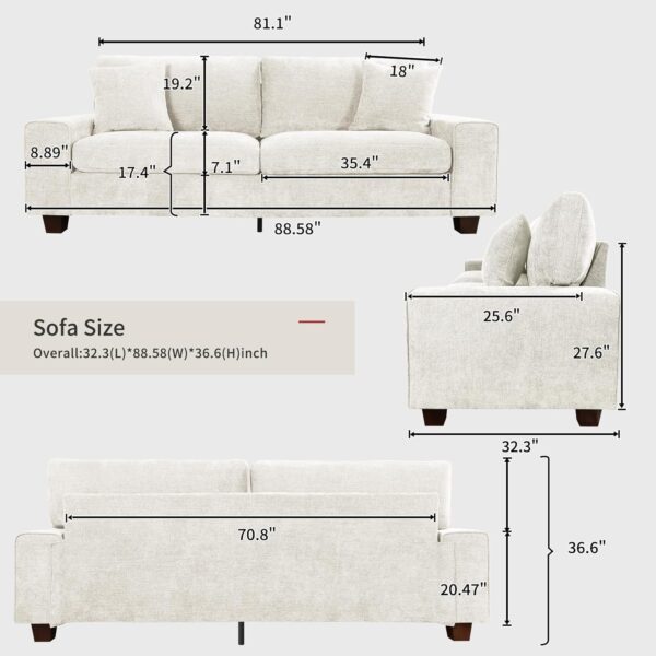 88.58" Chenille Sofa Couches for Living Room, 3 Seater Sofa with 2 Pillows, Small Modern Love seat Couch for Small Spaces, Office (Beige, 88.58 inches)