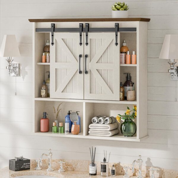 Vabches Bathroom Wall Cabinet, Farmhouse Medicine Cabinet with Double Sliding Barn Door and Adjustable Shelves, Wooden Vintage Storage Cabinet Wall Mounted for Bathroom, Kitchen Dining, Rustic White