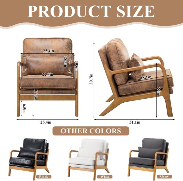 2 PCS Mid Century Modern Chair with Pillow Upholstered Lounge, Reading Chair with Soft Cushion and Solid Wood Arm Chair, Vintage Accent Leisure Recliner with Back for Living Room, Bedroom, Brown