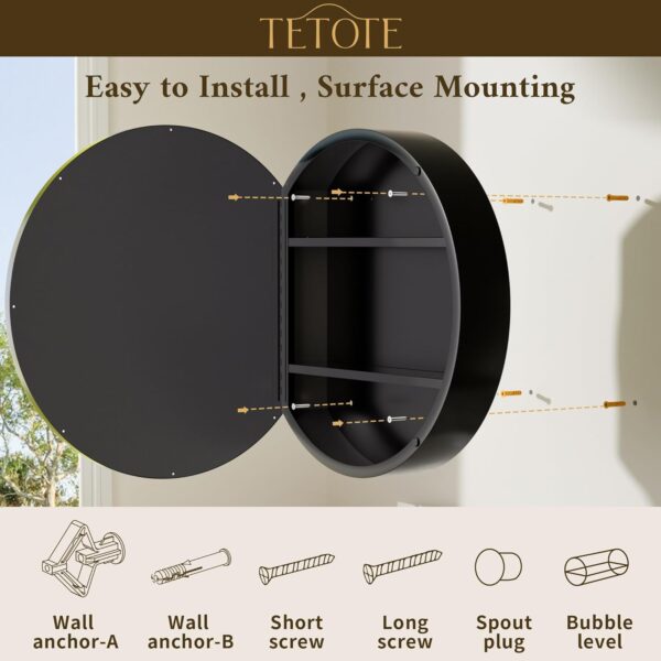 TETOTE 24 x 24 Inch Medicine Cabinet Mirror Black Framed Round Mirrored Medicine Cabinets for Bathroom Adjustable Shelves Modern Bathroom Mirror with Storage Wall Mounted