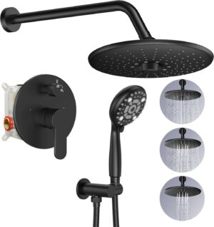 SR SUN RISE Shower Faucet - 10 Inch Multifunctional High Pressure Shower Head System with Handheld Shower Head Fixtures - Valve Included - Matte Black