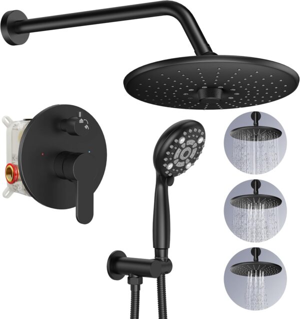 SR SUN RISE Shower Faucet - 10 Inch Multifunctional High Pressure Shower Head System with Handheld Shower Head Fixtures - Valve Included - Matte Black