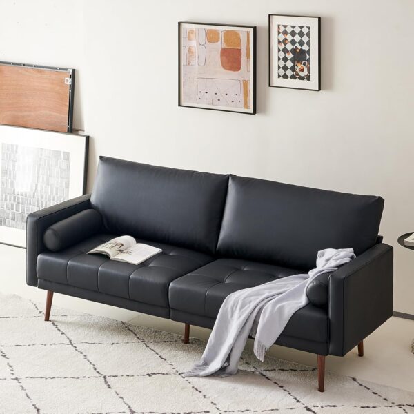 Vonanda Faux Leather Sofa Couch, Mid-Century 73 Inch 3 Seater Leather Couch with Wood Grain Metal Legs and Bolster Pillows for Living Room,Elegant Black