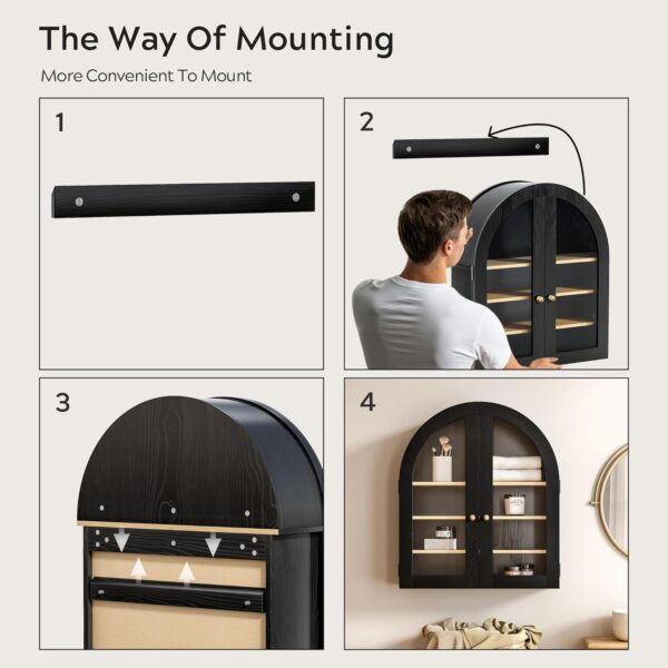 Arched Wall Cabinet, Modern Medicine Cabinet Wall Mounted Cupboard, Farmhouse Bathroom Storage Cabinet with Glass Door & Adjustable Shelf, Wooden Organizer for Kitchen (Black-Oak)