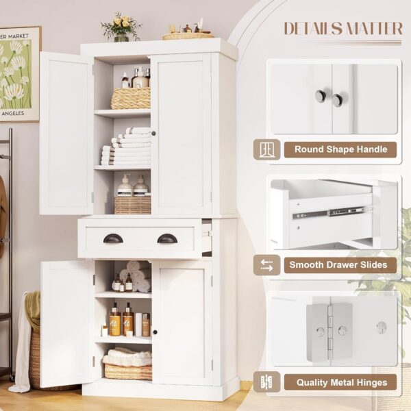 YESHOMY 72" Tall Storage Cabinet with Adjustable Shelves, Kitchen Pantry, Large Cupborad with 1 Drawer, Metal Handle, for Living Room, Bathroom, White