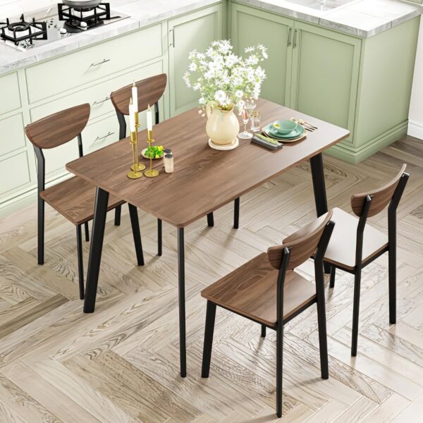 Kitchen Dining Table Set for 4, Modern Rectangular 5 Piece Dining Room Table and Chairs Set, Brown Wooden Metal Table Set for Family Dinner, Party, Afternoon Tea and Work (Curved Moon)