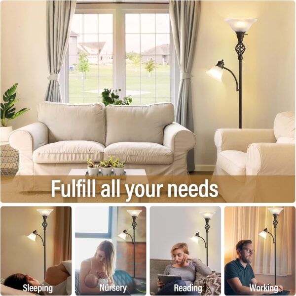 Torchiere Floor Lamp for Living Room, LED Standing Reading Light for Bedroom with Glass Shade for Living Room Corner Bedroom Home Office,Bulbs Included (Red Brown,Glass 2 Head)