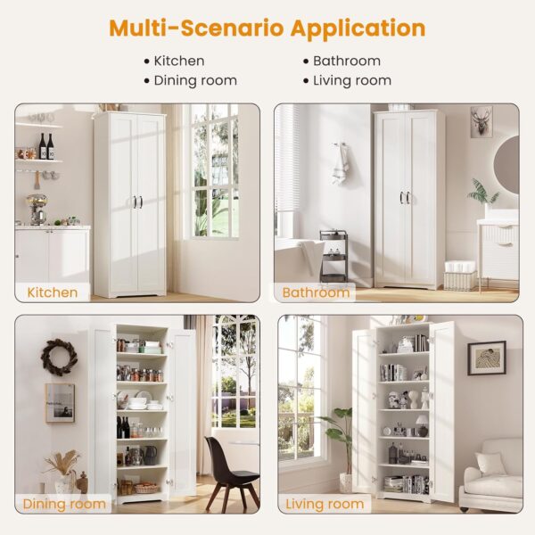 70" Tall Storage Pantry Cabinet, Bathroom Floor Organizer Storage Cabinet with 2 Doors and 6 Adjustable Shelves, Standing Utility Cabinet for Dining Room, Food Storage and Kitchen, White
