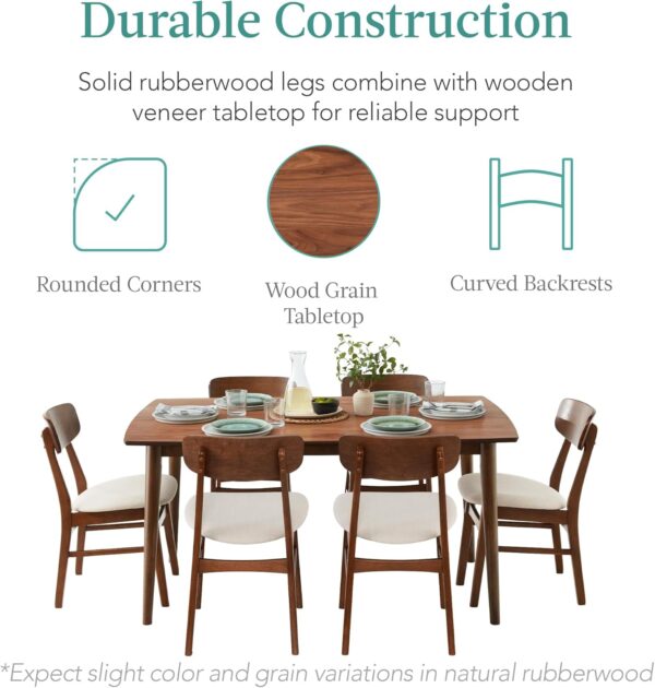 Best Choice Products 7-Piece Wooden Dining Set, Mid-Century Modern Table & Upholstered Chair Set w/ 6 Chairs, Rubberwood Legs - Walnut/Cream