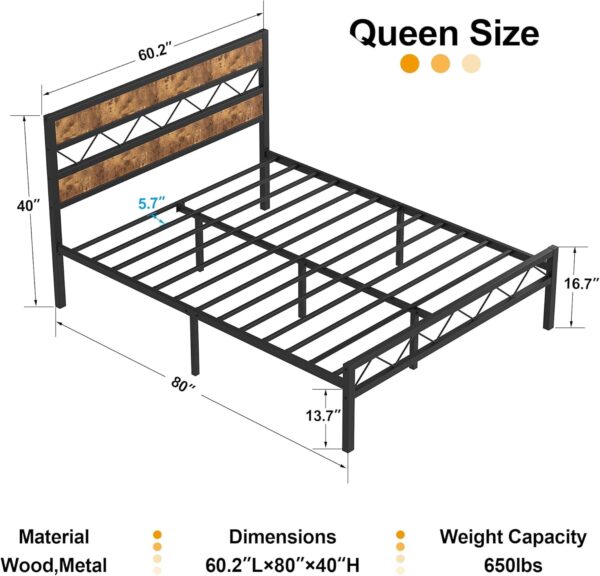 VECELO Queen Metal Platform Bed Frame with Rustic Vintage Wooden Headboard, Heavy Duty Metal Slats Support, Platform Mattress Base No Box Spring Needed, No Noise, Easy Assembly，Brown