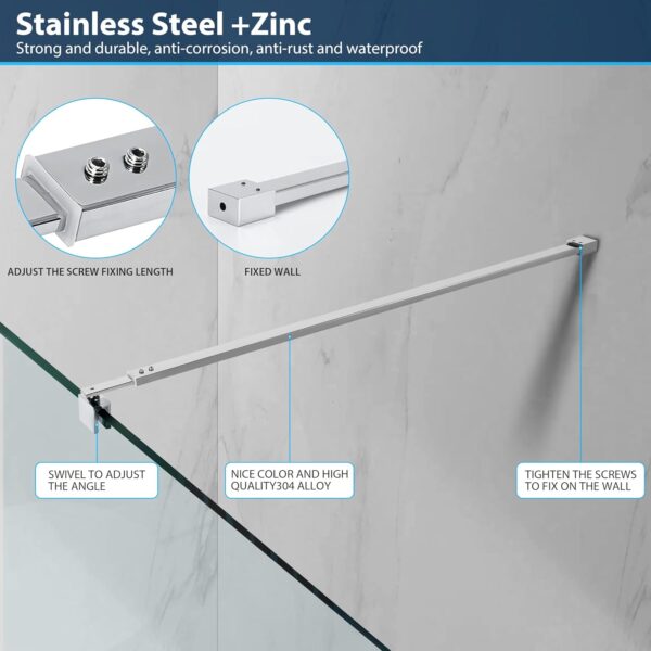 Stainless Steel Frameless Shower Door Support Bar, 27.6'' to 47.2'' Telescopic, Fits 5/16" to 3/8" Glass