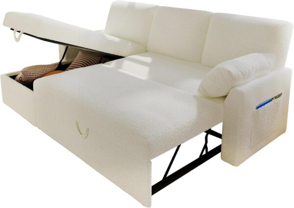 VanAcc Sleeper Sofa, Sofa Bed- 2 in 1 Pull Out Couch Bed with Storage Chaise for Living Room, Sofa Sleeper with Pull Out Bed, White Boucle Couch