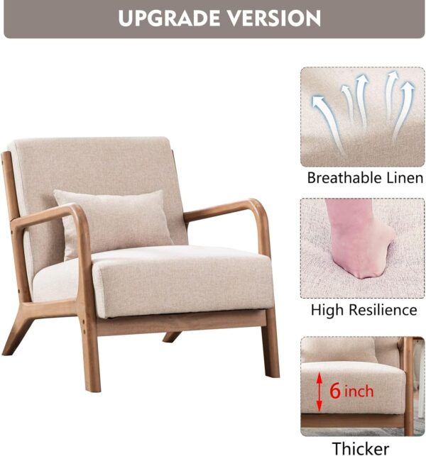 ANJHOME Mid Century Modern Accent Chair, Comfy Fabric Living Room Chairs with Solid Wood Frame, Lounge Reading Armchair, Easy Assembly, Beige