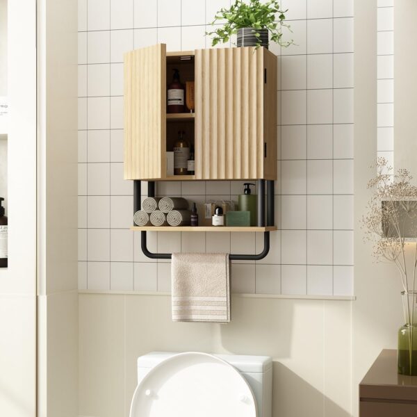 RUSTOWN Fluted Bathroom Wall Cabinet with 2 Doors, 3-Tier Modern Farmhouse Medicine Cabinet, Over The Toilet Storage Cabinet with Adjustable Shelf and Towel Bar(Natural, Small)