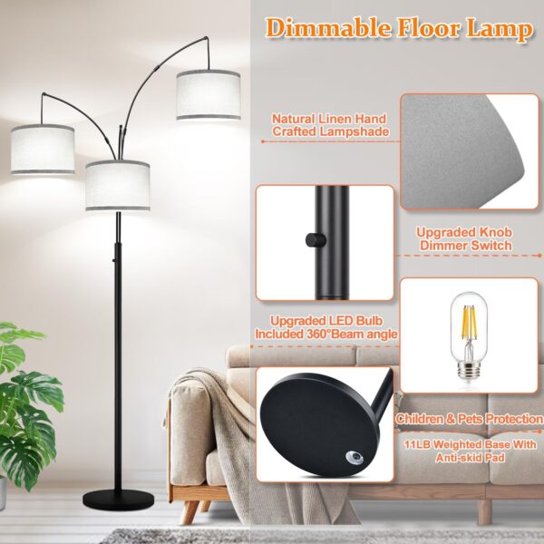 Dimmable Floor Lamp, 3 Lights Arc Floor Lamps for Living Room, Modern Tall Standing Tree Lamp with Gray Linen Shade & Heavy Base, Large Floor Lamp for Bedroom Office, 3x1000 LM LED Bulbs Included