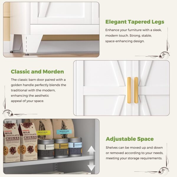 White Farmhouse Storage Kitchen Pantry Cabinet with 2 Barn Door, 3 Adjustable Shelves and Legs, for Cupboard/Dining Room/Bathroom/Living Room/Office/Laundry Room (White, 61" Farmhouse)