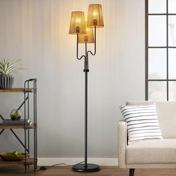 Boho Floor Lamp, 68in. Rattan Floor Lamp with Rattan Shade,3 Light Tree Standing Lamp for Bedroom,Nursery,E26 Socket, Living Room Floor Lamp for Rustic,Coastal, Beach or Bohemian Decor (Black)