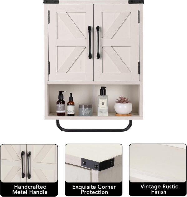 RUSTOWN Farmhouse Wall Storage Cabinet with Two Barn Door, Rustic Mounted Medicine Cabinet with Adjustable Shelf and Towel Bar, 3-Tier Wood Cabinet for Kitchen, Bathroom, Living Room (Vintage White)