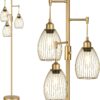 Dimmable Industrial Floor Lamps for Living Room, Gold Tree Standing Tall Lamps with 3 Elegant Teardrop Cage Head & 800 Lumens LED Bulbs for Bedroom Office