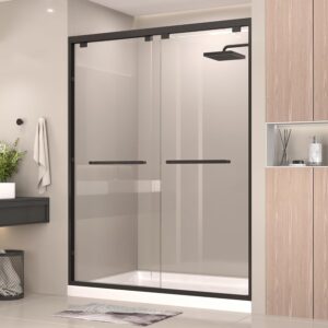 56-60”W x 76" H New Upgraded Single Sliding Semi-Frameless Shower Door, Semi-Frameless Shower Door with Explosion-Proof Film and Nano Coating, 1/4” (6MM) SGCC Tempered Glass, Matte Black Finish