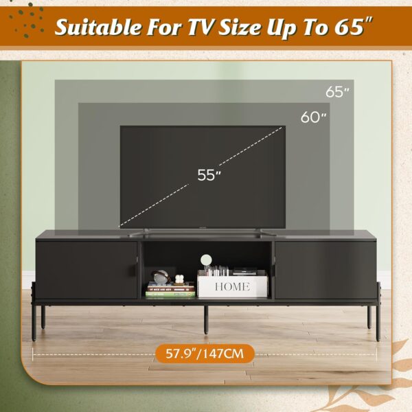 WLIVE Modern TV Stand for 65 Inch TV, Mid Century Entainment Center with Storage, TV Console with Open Shelf and 2 Cabinets for Bedroom and Living Room, TV Cabinet with Metal Legs, Black