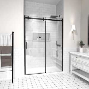 46-48" W x 74" H Frameless Shower Door, Singel Sliding Shower Door with 5/16" (8mm) Clear SGCC Tempered Glass, Matte Black Finish Shower Doors, Reversible Installation