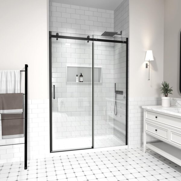 46-48" W x 74" H Frameless Shower Door, Singel Sliding Shower Door with 5/16" (8mm) Clear SGCC Tempered Glass, Matte Black Finish Shower Doors, Reversible Installation