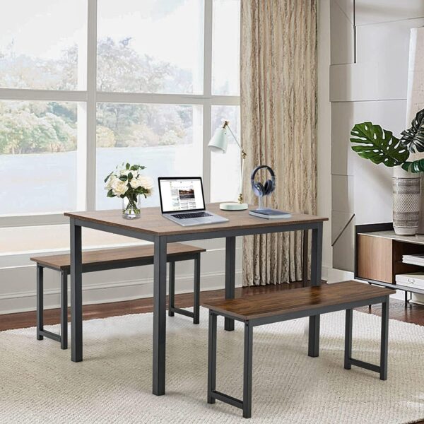 Moccha Dining Table Set for 4, 3-Piece Modern Breakfast Table Set with 2 Benches & Metal Frame, 43.5" Wood Kitchen Table Set, Space-Saving Dinette Set for Small Spaces, Dining Room, Rustic Brown