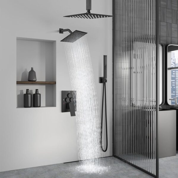 Aolemi Shower Faucet Set Ceiling Mount Shower System Rough-in Valve and Shower Trim Kit 10 and 6 Inch Dual Shower Head 2 in 1 Handheld Spray Push Button Diverter Matte Black