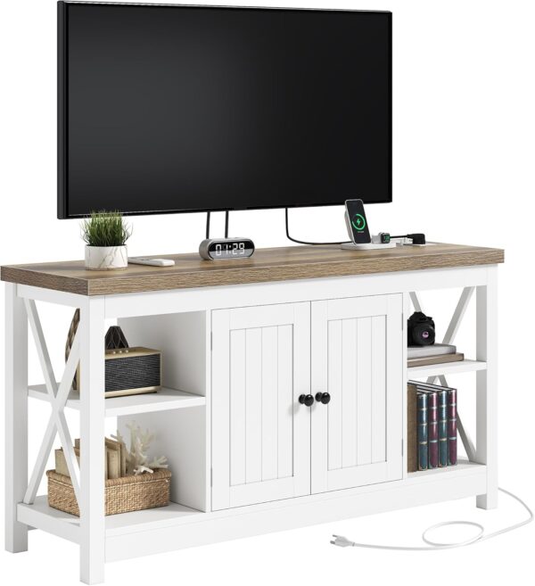 YITAHOME Farmhouse TV Stand for 55/50 Inch with Power Outlet, Mid Century Modern Entertainment Center with Storage and Adjustable Shelf, 47'' TV Table Media Console for Living Room, White & Grey Wash