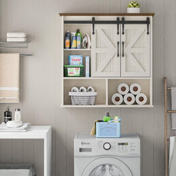 Vabches Bathroom Wall Cabinet, Farmhouse Medicine Cabinet with Double Sliding Barn Door and Adjustable Shelves, Wooden Vintage Storage Cabinet Wall Mounted for Bathroom, Kitchen Dining, Rustic White
