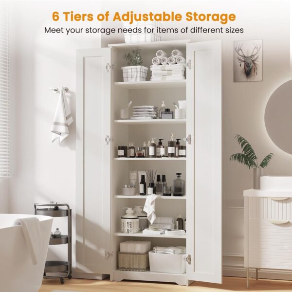70" Tall Storage Pantry Cabinet, Bathroom Floor Organizer Storage Cabinet with 2 Doors and 6 Adjustable Shelves, Standing Utility Cabinet for Dining Room, Food Storage and Kitchen, White