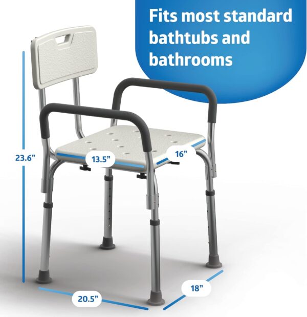 Medline Shower Chair Seat with Padded Armrests and Back | Heavy Duty Shower Chair for Bathtub | Slip Resistant Shower Seat with Adjustable Height | Shower Chair for Inside Shower with 350 lb Capacity